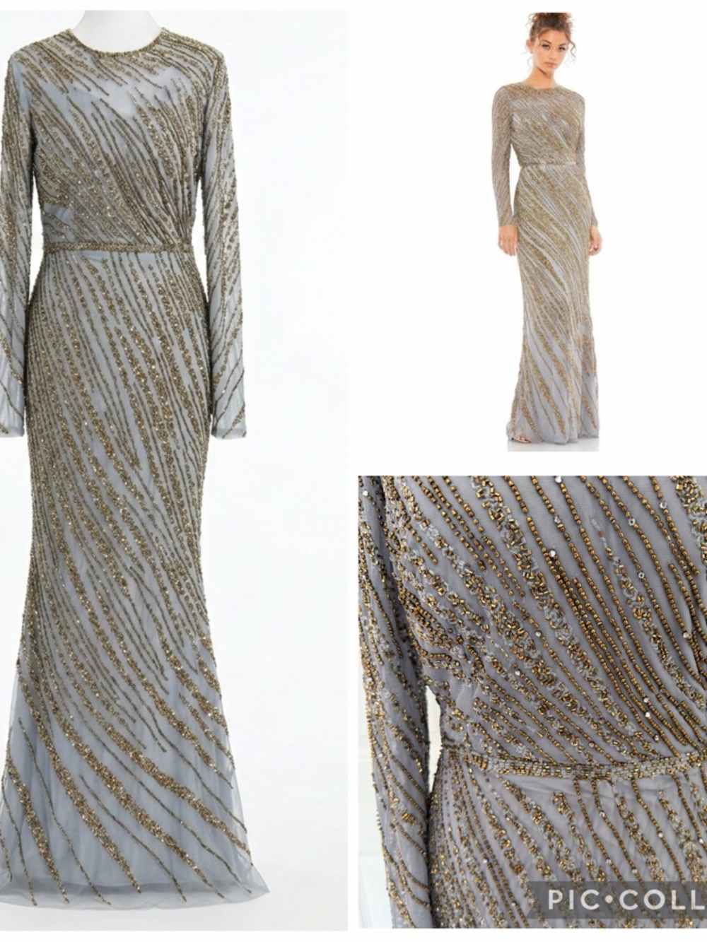 NWT MAC DUGGAL 5240 Evening Beaded Gown, Platinum Long Sleeve sz 8